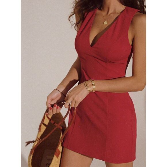 Commense Sleek‎ Red Mini Dress Linen Blend V-Neck Bodycon Cocktail Party size XS - Picture 1 of 12